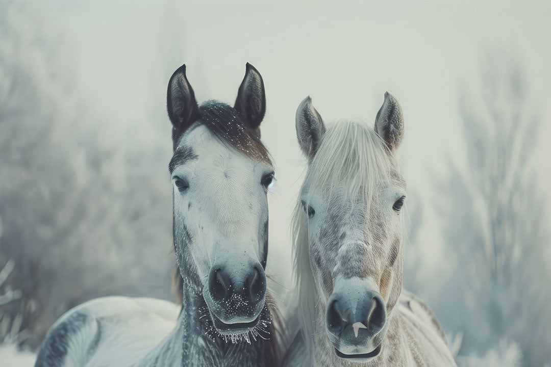 Two horses stand together for warmth during the cold winter months while outside away from their shelter, hydration, nutrition and warmth 