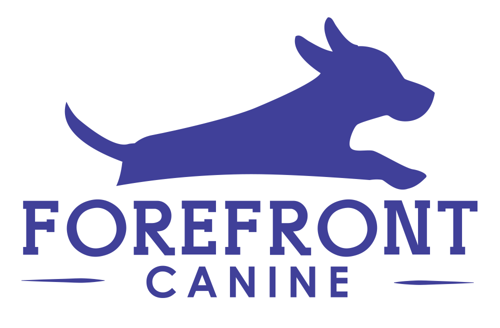 Logo of Forefront Canine with a blue silhouette of a dog on a white background
