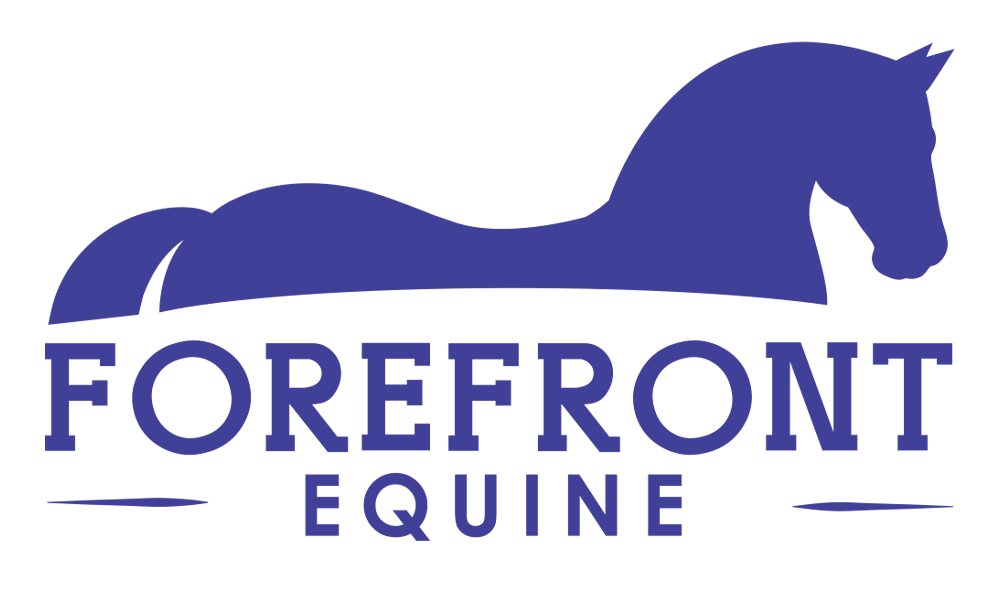 Logo of Forefront Equine with a blue horse silhouette on a white background