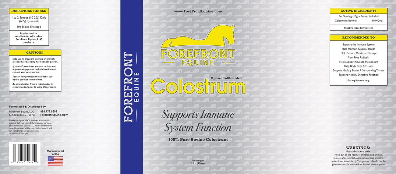 ForeFront Equine Colostrum product label showing 10,000mg of pure bovine colostrum per serving, directions for use, recommended benefits including immune support, oxidative damage reduction, and healthy tissue development for optimal equine performance.