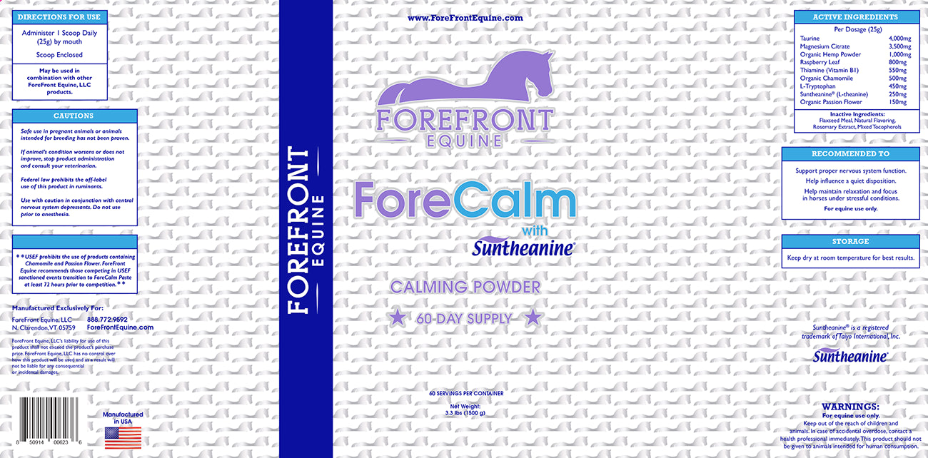 ForeFront Equine ForeCalm product label detailing active ingredients including magnesium citrate, thiamine, L-tryptophan and Suntheanine, with recommended usage for supporting proper nervous system function and maintaining relaxation in horses under stressful conditions.