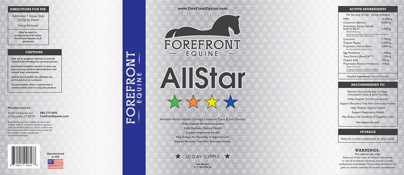 AllStar by ForeFront Equine product label detailing active ingredients including 10,000mg MSM, 8,000mg colostrum, and proprietary blends for joint, immune and digestive support, with complete usage directions for this all-in-one equine health supplement