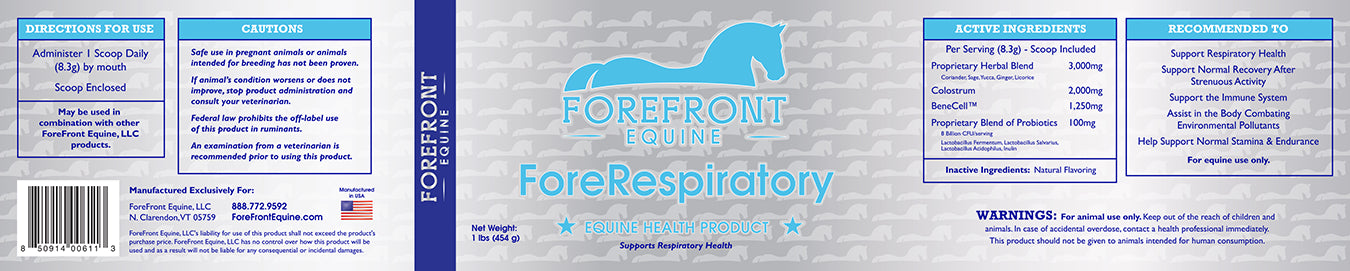 ForeRespiratory product label showing active ingredients including 3,000mg proprietary herbal blend, 2,000mg colostrum, and BeneCell to support equine respiratory health, normal recovery after exercise, and immune system function for optimal breathing in performance horses.